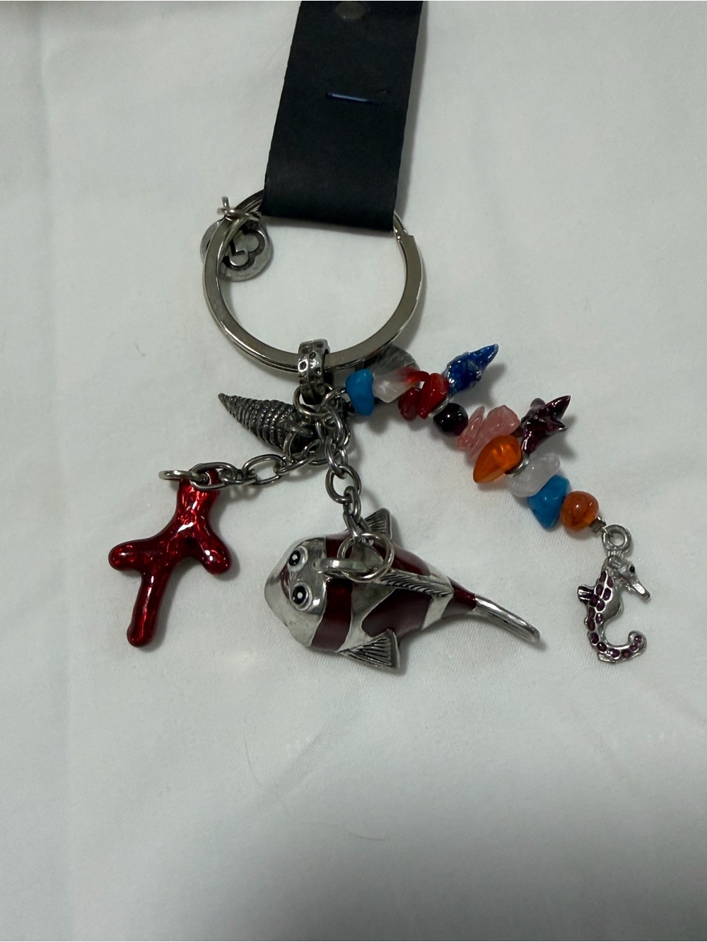 Silver Tone Fish Keychain with Red Coral and Multicolor Bead Accents